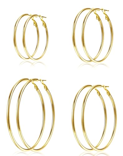 4 Pairs Gold Sliver Hoop Earrings For Women, Hypoallergenic Surgic Steel | 14K Gold Plated Stainless Steel, 30/40/50/60mm, Small Medium Large Size, Thin, Lightweight - color: 4 Pairs Gold-30/40/50/60mm