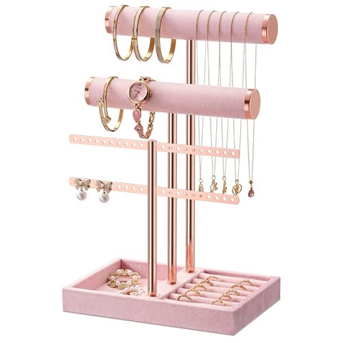 Jewelry Organizer Stand for Necklaces, Bracelets, Earrings, Rings, Pink | 3 Tier Velvet Bracelet Holder Display | Jewelry Organizers and Storage | Jewelry Tree | Jewelry Towers - color: Pink, size: Standard