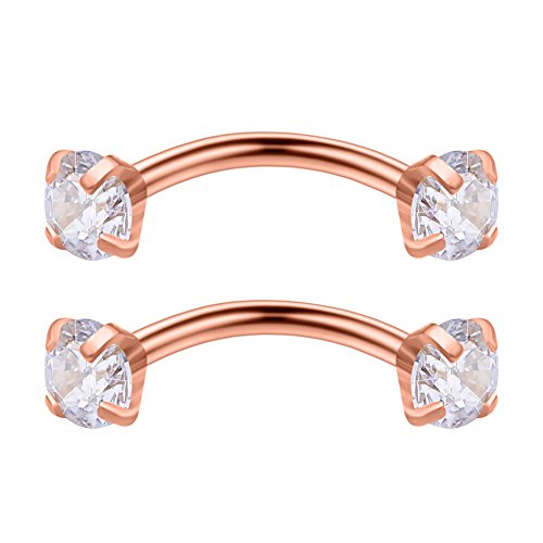 3PRS 16G 3/8" (10MM) Stainless Steel 3mm CZ/Gems/Ball Curved Barbell Eyebrow Tragus Lip Belly Ring Piercing Jewelry - Rose Gold - color: 6PCS - Rose Gold