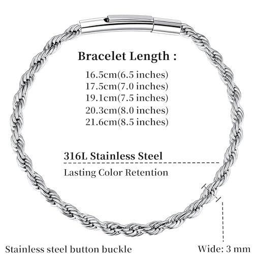 Twist Chain Necklace 2/3/5/8MM Braided Rope Chain Necklace for Men Stainless Steel Rope Jewelry for Men & Women Rope Chain for Pendant 18/20/22/24 Inch with Delicate Gift Box - size: 7 inches, style: 3mm width-steel