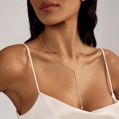 Zeffy Lariat Gold Necklace for Women, Dainty Long Necklace 14k Gold/Silver Plated Layered CZ Beaded Bar Chain Y-Shaped Body Chain Stack Drop Wedding Necklace Trendy Simple Gold Jewelry Gifts - color: Gold CZ Y Necklace(1PCS)