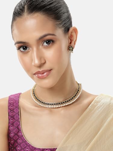 Aheli Ethnic Faux Kundan Pearl Fancy Bridal Choker Necklace Indian Traditional Bollywood Jewelry Set with Earrings Gift for Women - color: Blue