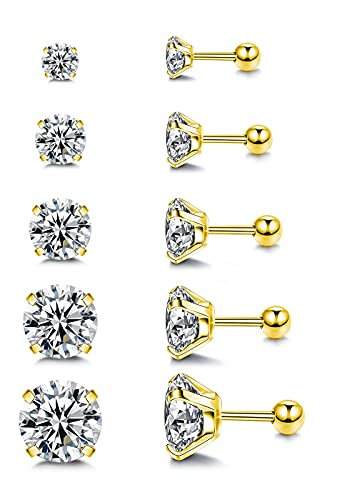 Stud Earrings Set 316L Stainless Steel Hypoallergenic Earrings for Women Men Earrings 3-7mm Cubic Zirconia Earrings Tragus Cartilage Helix Lobel Ear Studs 20G,Pack of 5 Pairs - color: B03:5Pairs(GOLD)