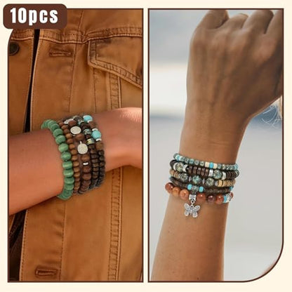10 Pcs Stackable Bohemian Beaded Bracelets for Women Men, Nature Tree Butterfly Turquoise Wooden Beads Stretch Boho Bracelets Handmade Boho Hippie Western Chic Earthy Jewelry Gift - color: Green Beads