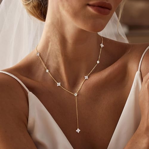Long Gold Necklace For Women,Dainty Lariat Y Necklace 14K Gold Plated Cute Cubic Zirconia Lariat Necklaces Trendy Simple Statement Rhinestone Choker Necklaces Summer Jewelry - color: Gold-style 1