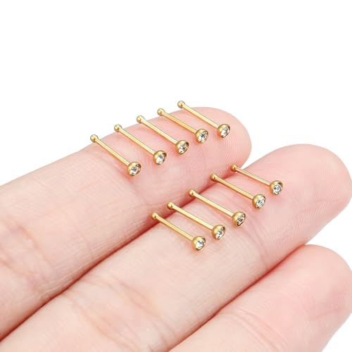 Hoeudjo Nose Studs Surgical Steel Cubic Zirconia Nose Rings Kit for Women Men Tiny Nose Stud Bone & Screw & L Shaped Nostril Piercing Jewelry 18/20/22/24 Gauge 10 Pieces - color: gold-tone,nose bone studs, size: 22g/2mm clear CZ