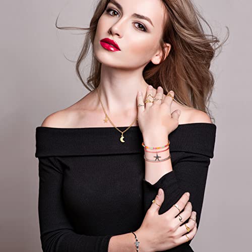 Batiyeer 60 Pcs Boho Surfer Wave Bracelet and Necklace Set for Women, Summer Beach Y2k Layered Choker Anklets Knuckle Rings - style: Bohemian,Chain