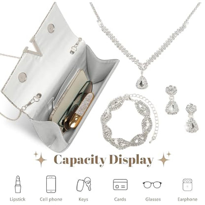 YYW 4 Pieces Women Evening Handbags Clutch Purse Bag with Rhinestone Crystal Jewelry Set for Wedding Party - color: silver 2