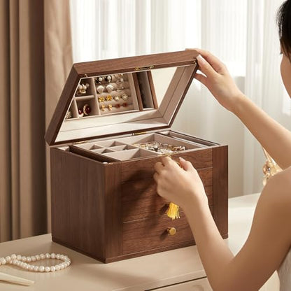 CHOSIN Black Walnut Wooden Jewelry Box for Women with Lock, Mirror, 4 Layer | Lockable wity Key, 3 Drawers, 2 Side Doors, Large Capacity for Necklaces, Earrings, Rings, Watches, Brooches, Women Gifts - size: 4 Layer - Full Lock