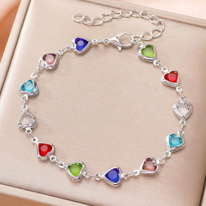 Silver Plated Colorful Heart Charm Bracelet For Women Adjustable Chain Bracelet Multi-Color Cubic Hearts Bracelets Trendy Charm Jewelry For Friend Valentine’S Day Birthday Festival Gifts