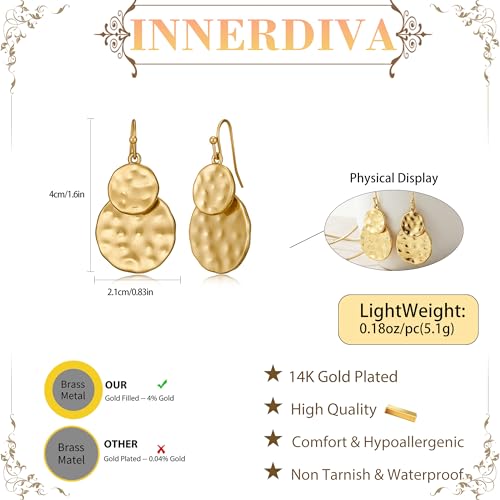 Antique Gold Hammered Disc Drop Earrings Boho Earrings with Two Tone Jewelry Gift - color: AMZ-EH21299A-L