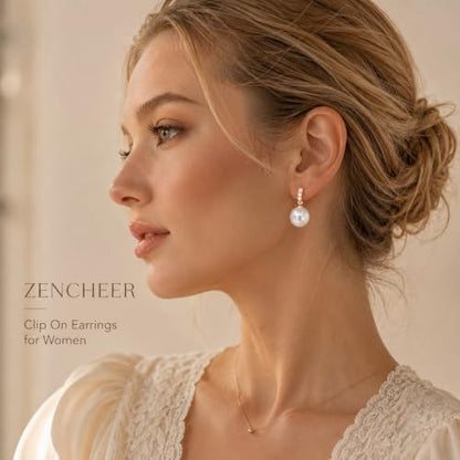 Pearl Clip on Earrings for Women - 14K Gold Silver Plated Cubic Zirconia Non Pierced Ear Clips Jewelry Gifts for Wedding Bridal Party Gifts - color: Gold-1 line CZ