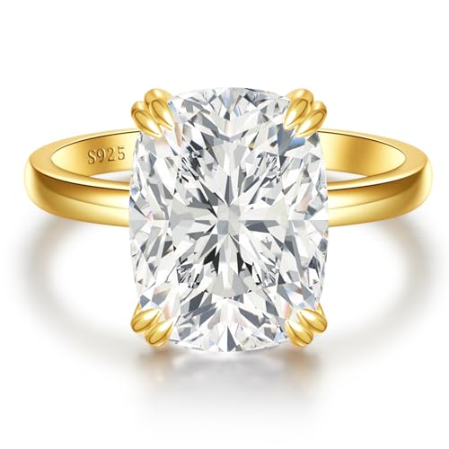 5CT Elongated Cushion Cut Engagement Ring Travel Band Size5-10 | Big Look CZ Fake Engagement Ring, 925 Sterling Silver 14K/White Gold Plated, Wedding Promise Anniversary Statement Gift - color: Gold