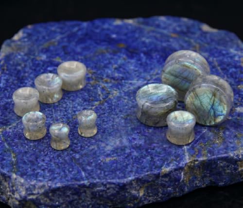 Pair of White Labradorite Stone Saddle Plug Double Flare Ear Lobe Plugs E604A - size: 9/16 Inch (14mm)
