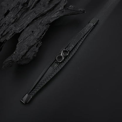 Men's Leather Infinity Bracelet Stainless Steel Number 8 Wristband Cuff Bangle Bracelets Gifts for Men, 8.3 & 9.1 inches - color: 03.Three-layers leather & black infinity, size: 8.3inch(Fits most wrists.)