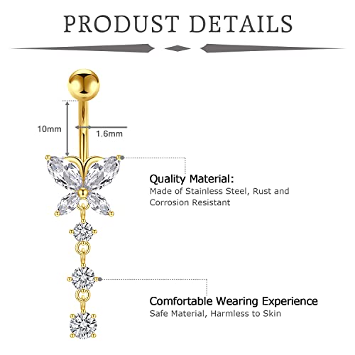 Mayhoop 14G Belly Button Rings 316L Surgical Stainless Steel Dangle Clicker Belly Ring Dangling Piercing Jewelry With Heart Flower Butterfly Silver Gold Tone For Women - color: 3pcs-gold
