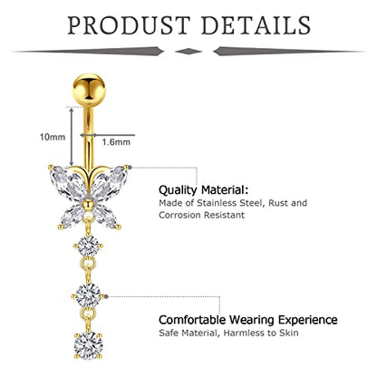 Mayhoop 14G Belly Button Rings 316L Surgical Stainless Steel Dangle Clicker Belly Ring Dangling Piercing Jewelry With Heart Flower Butterfly Silver Gold Tone For Women - color: 3pcs-gold