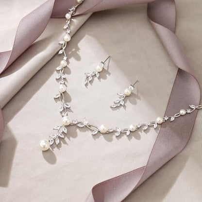 EVER FAITH Cubic Zirconia Pearl Leaf Vine Wedding Jewelry Set for Bride | Crystal Filigree Bridal Necklace Earrings, for Women Bridesmaid - color: 2pcs_White Silver-Plated-Brass