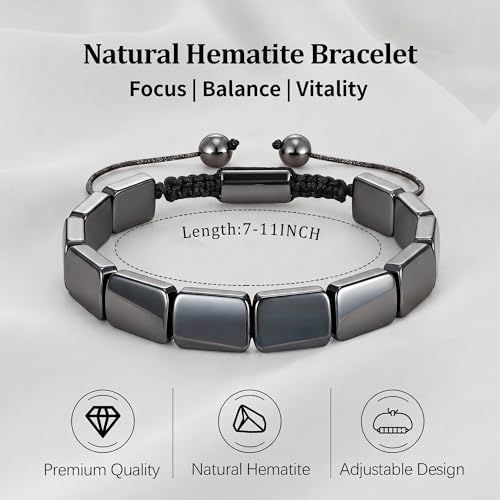Hematite Bracelet for Men, Natural Hematite Stone Handmade Braided Rope Bracelets Healing Grounding Balance Inspirational Jewelry Birthday Gift for Him - color: Hematite-2