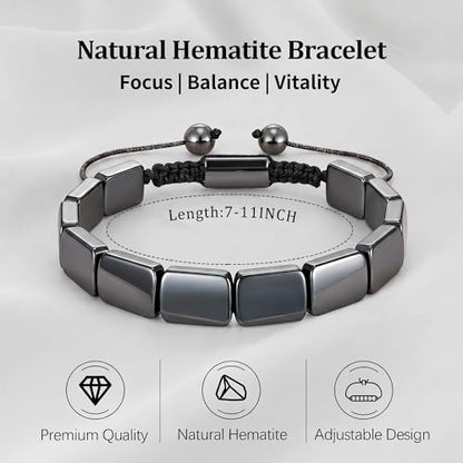 Hematite Bracelet for Men, Natural Hematite Stone Handmade Braided Rope Bracelets Healing Grounding Balance Inspirational Jewelry Birthday Gift for Him - color: Hematite-2