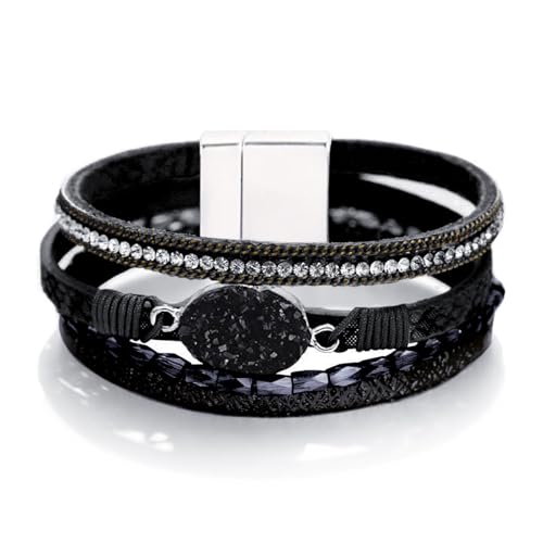 Fesciory Leather Wrap Bracelet for Women, Boho Western Layered Cuff Jewelry | Stackable Bracelets, Easy-On Clasp, Daily Wear, Pairs with Boho Western Outfits, Gift for Women - color: Black12