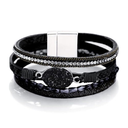 Fesciory Leather Wrap Bracelet for Women, Boho Western Layered Cuff Jewelry | Stackable Bracelets, Easy-On Clasp, Daily Wear, Pairs with Boho Western Outfits, Gift for Women - color: Black12