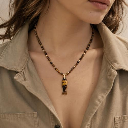Natural Tiger Eye Fish Pendant Beaded Necklace for Women & Men | 16"+2" Adjustable | Handmade Dainty Protection Stone | Unisex Boho Beach Jewelry | Earthy Vintage Gift