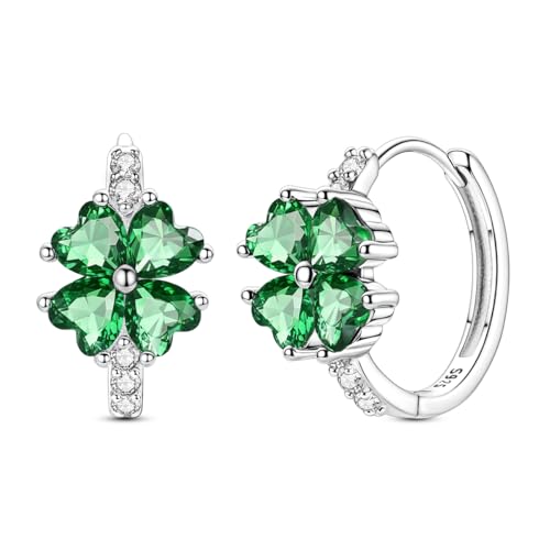 925 Sterling Silver Huggie Hoop Earrings for Women with 5A Cubic Zirconia Jewelry Birthday Gift - style: Four-leaf clover