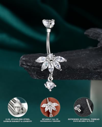 Lotus Belly Button Rings, 14G Dangle Belly Navel Rings for Women, Stainless Steel Belly Navel Piercing Jewelry - color: Silver-10MM