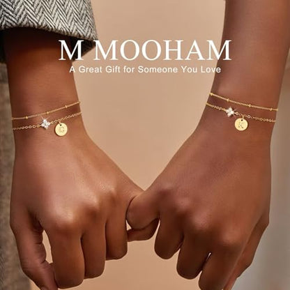 M MOOHAM Initial Bracelets for Women Girls Gifts, Birthday Gifts Jewelry | Dainty Four Leaf Clover Bracelet, Bracelets for Women Trendy, Initial Bracelet for Teen Girls, Personalized Birthday Gifts - color: G