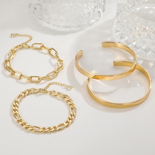 KOHOTA Chunky Gold Bracelets for Women Non Tarnish 14K Gold Plated Cuff Bracelet Stack Trendy Love Bangle Bracelets Stackable Tennis Bracelet Set Tie Knot Cuban Paperclip Figaro Chain Jewelry Gifts - color: B.Love bangle