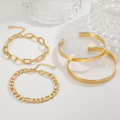 KOHOTA Chunky Gold Bracelets for Women Non Tarnish 14K Gold Plated Cuff Bracelet Stack Trendy Love Bangle Bracelets Stackable Tennis Bracelet Set Tie Knot Cuban Paperclip Figaro Chain Jewelry Gifts - color: B.Love bangle