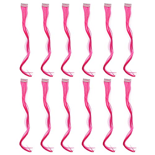 12 Pcs Curly Wavy One Color Party Highlights Clip on in Hair Extensions For Women Colored Hair Streak Synthetic Hairpieces (Neon Pink) - color: Neon Pink
