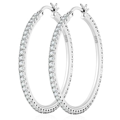 2MM S925 Sterling Silver Post Cubic Zirconia Hoop Earrings Hypoallergenic | 14K Gold Plated - color: Silver-40MM