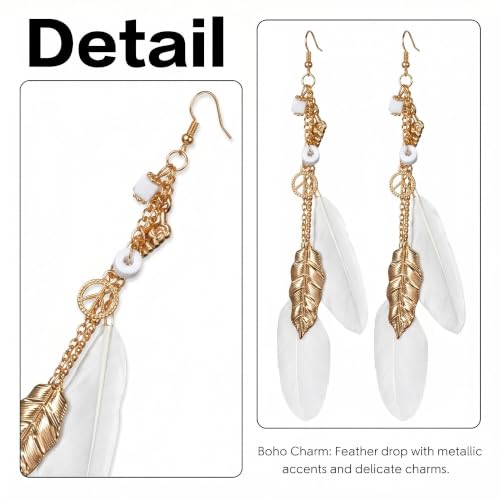 FRESHME Native American Earrings for Women - Ethnic Boho Feather Dangle Jewelry with Tessel for Birthday Party Photoshoot - color: White