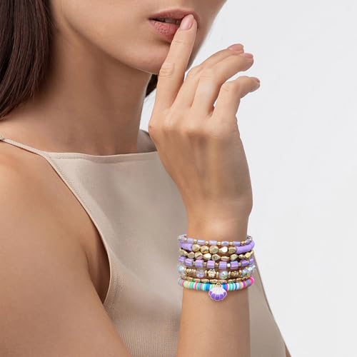 Summer Surfer Heishi Bracelet Set for Women Stackable Gold Plated Clay Ploymer Bead Stretch Pink Beach Layering Bracelets Jewelry - color: A-Purple shell charm 7pcs