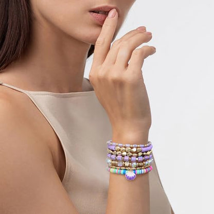 Summer Surfer Heishi Bracelet Set for Women Stackable Gold Plated Clay Ploymer Bead Stretch Pink Beach Layering Bracelets Jewelry - color: A-Purple shell charm 7pcs
