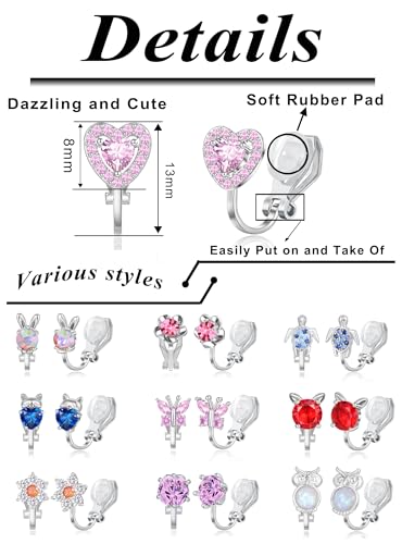 Tornito 10-15 Pairs Clip on Stud Earrings Non Pierced Teardrop Round Square CZ Pearl Twist Knot Flower Butterfly Heart Star Rainbow Cat Opal Clip on Earrings for Women - color: F: 10 Pairs Silver Tone