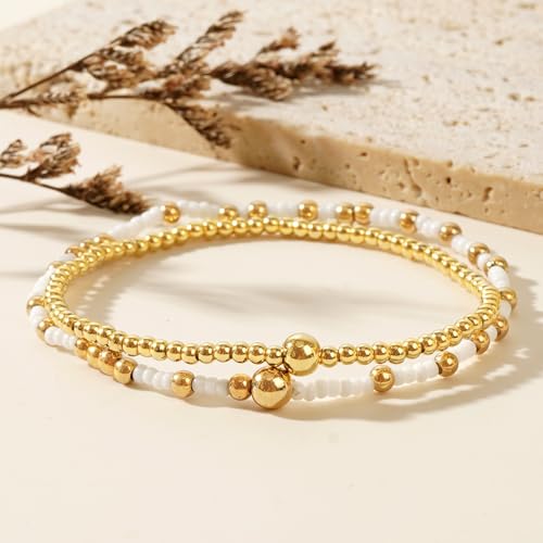 Dainty Gold Plated Tiny Ball Colorful Beaded Stack Bracelets Sets for Women,3Pcs Stackable Cute Bracelet Stretch Trendy Ball Jewelry Friendship Gift - color: Orange