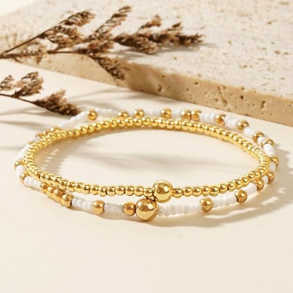 Dainty Gold Plated Tiny Ball Colorful Beaded Stack Bracelets Sets for Women,3Pcs Stackable Cute Bracelet Stretch Trendy Ball Jewelry Friendship Gift - color: Orange