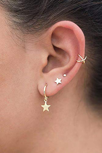 XYJZXY Gold Huggie Small Hoop Earrings with Charm Personalized Snake/Evil Eye/Star/Cross/Lock/Key 18k Gold Plated Crystal Drop Dangle Earrings for Women - style: Star