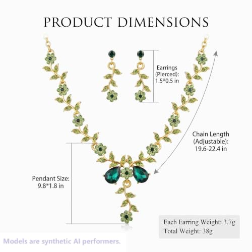 Kamirola Women's Wedding Jewelry Leaf Cluster Flower Crystal Dangle Earrings Pendant Necklace Set for BridalCrystal Bridal Jewelry Set - color: Gold & Green