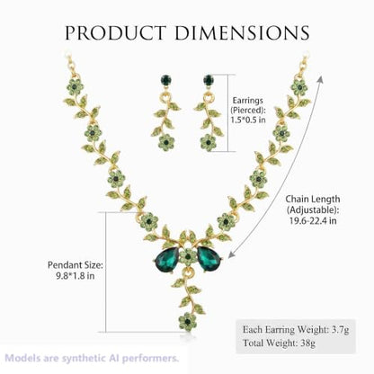 Kamirola Women's Wedding Jewelry Leaf Cluster Flower Crystal Dangle Earrings Pendant Necklace Set for BridalCrystal Bridal Jewelry Set - color: Gold & Green