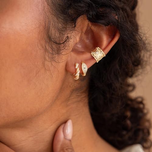 Women Gold Earrings Huggie Hoop Cubic Zirconia 14K Gold Plated Small Simple Hypoallergenic Everyday Jewelry - style: Twisted