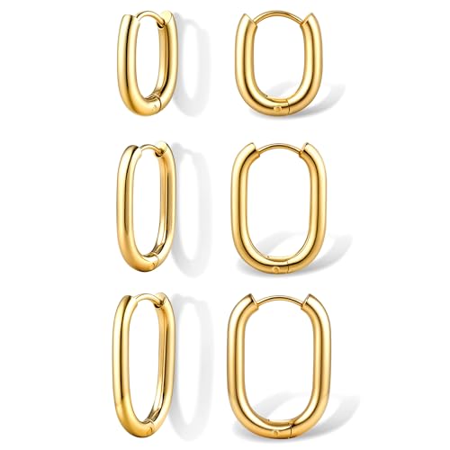 18K Gold Plated Hoop Earrings for Women Trendy Small U Hoop Earrings Set Stainless Steel Hypoallergenic Lightweight Chunky Huggie Hoops Cartilage Earring Stack Dainty Jewelry for Women Men(Gold-Hoop Earrings)