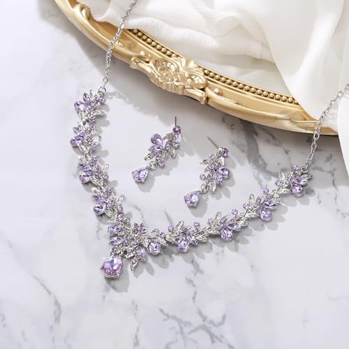 Women's Wedding Jewelry Set Leaf Flower for Bridal Prom Party | Stunning Crystal Teardrop Marquise Cluster Pendant Necklace Dangle Earrings Set for Bride Bridesmaid - color: Light Purple Silver-Tone