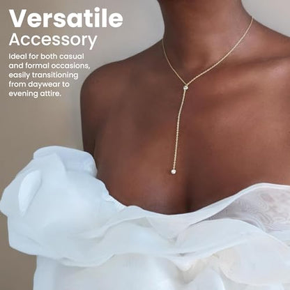 Faire de la Mode Dainty Drop Lariat Necklace for Women, 16" to 18" Adjustable Length Double CZ Lariat Y Necklace - color: Gold