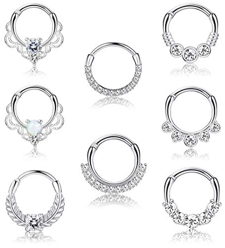 8PCS 16G Septum Clicker Ring Stainless Steel CZ Opal Cartilage Helix Tragus Hoop Daith Earrings Nose Rings Hoop Hinged Segment Clicker Ring Piercing Jewelry - color: silver tone 10mm