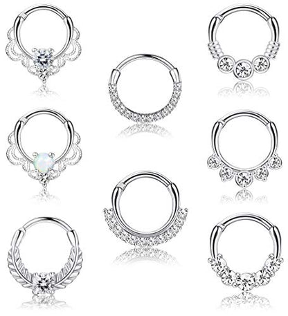 8PCS 16G Septum Clicker Ring Stainless Steel CZ Opal Cartilage Helix Tragus Hoop Daith Earrings Nose Rings Hoop Hinged Segment Clicker Ring Piercing Jewelry - color: silver tone 10mm