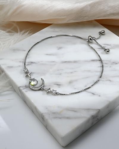 Silver Moon and Star Bracelet for Women Cubic Zirconia Adjustable Link Bracelet Celestial Charm Jewelry Gift for Her